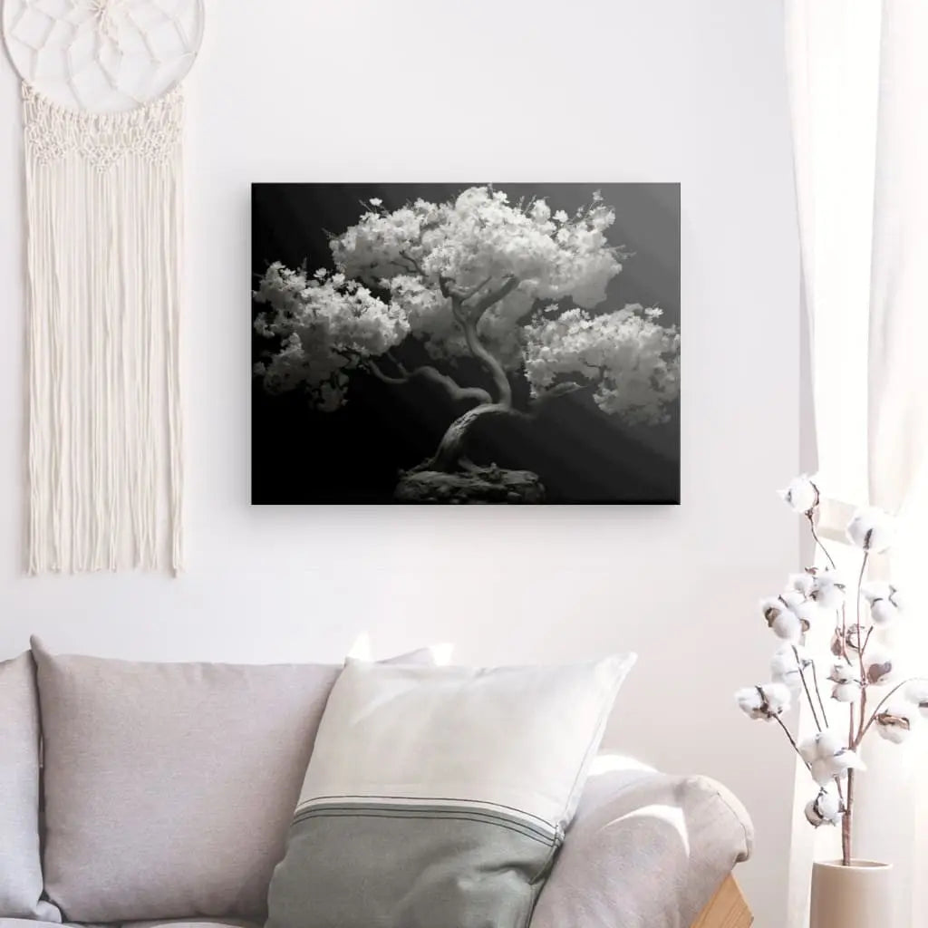 Tableau Cerisier Japonais Arbre Noir et Blanc, imprimé avec des encres latex HP, accroché au-dessus d'un canapé dans un salon moderne.