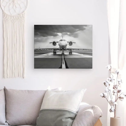 Tableau noir et blanc d’un avion jet, scène aérienne moderne et saisissante