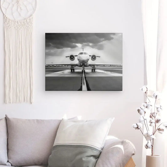 Tableau noir et blanc d’un avion jet, scène aérienne moderne et saisissante