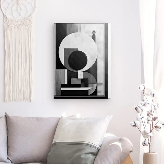 Tableau noir et blanc géométrique et abstrait inspiré du cubisme, jeu de contrastes et formes angulaires